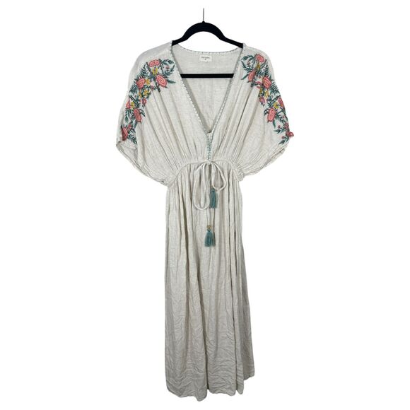 World Market Mira Ivory Floral Embroidered Kaftan Dress Flowy Boho Small Medium - Picture 2 of 8